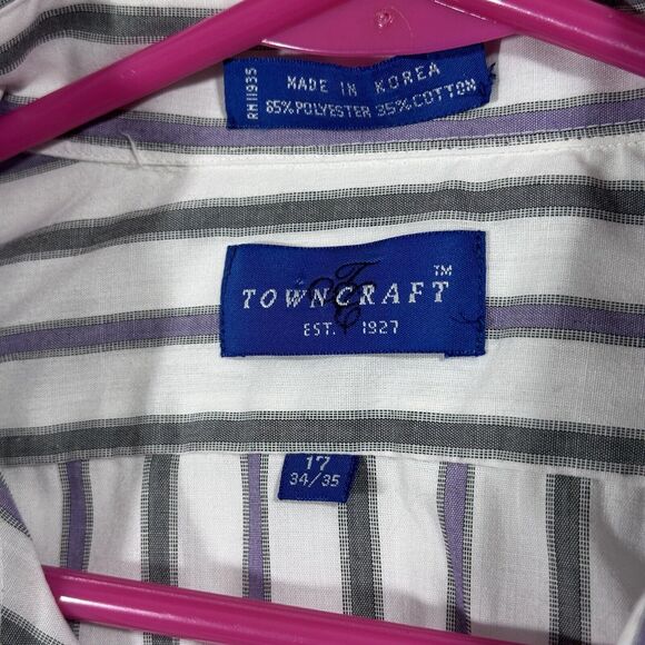 Towncraft Men's Casual Button-Down Collared Shirt White Purple Black Striped 17 - Picture 5 of 6